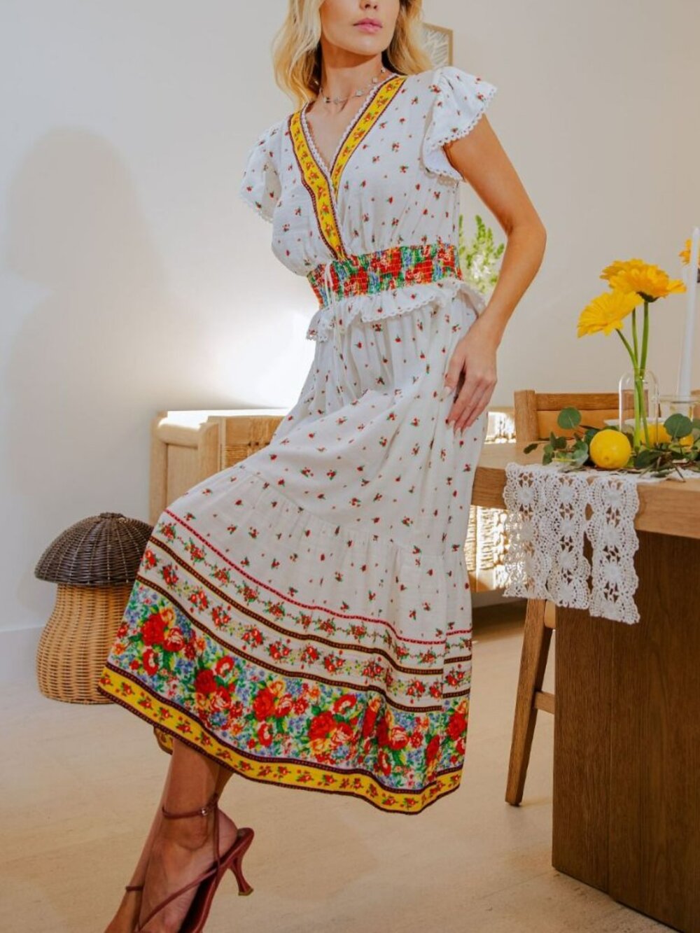 NWT Easel Orange & Yellow Floral Border Print Cap Sleeve Midi Dress